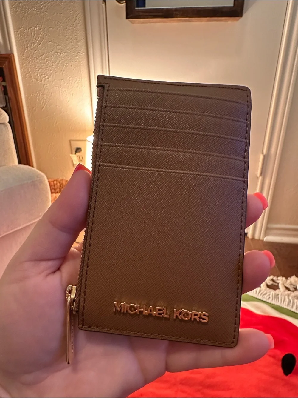 Michael Kors Brown Saffiano Leather Card & Key Zip Holder